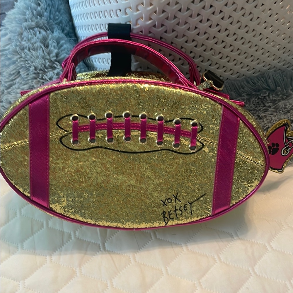 Betsey Johnson Glittery Gold and Pink Football Bag